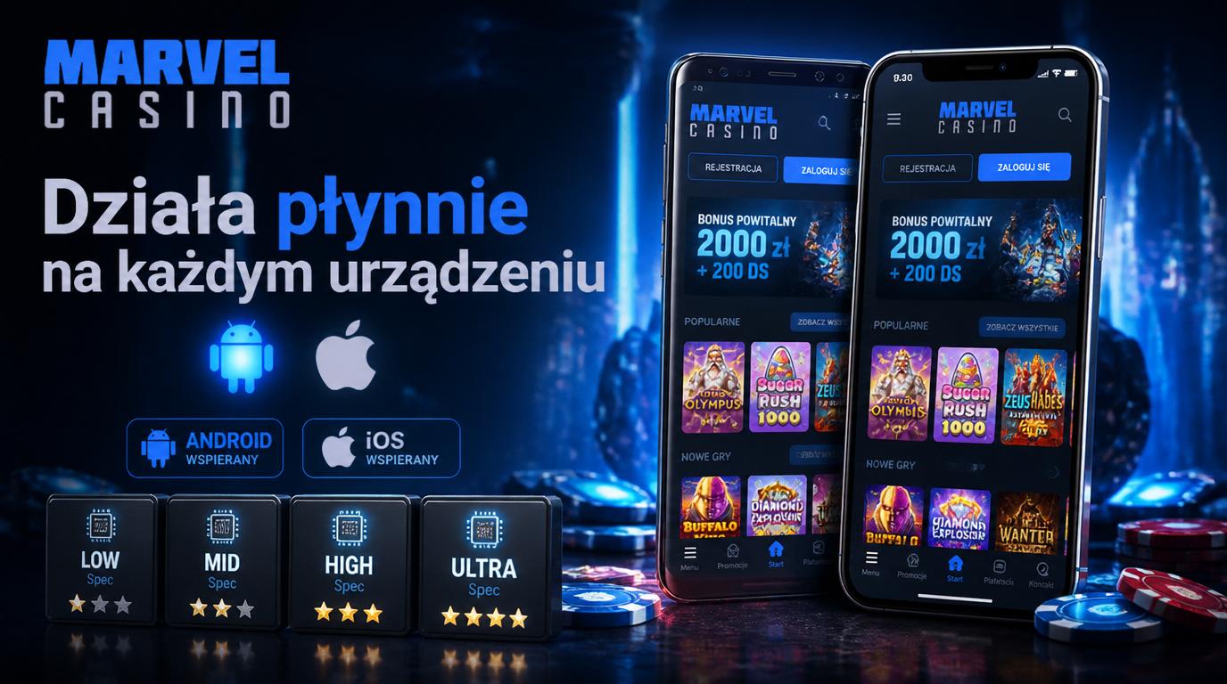 Interfejs kasyna pokazujący zgodność z różnym sprzętem w Polsce, ikony Android/iOS zadowolonych użytkowników.