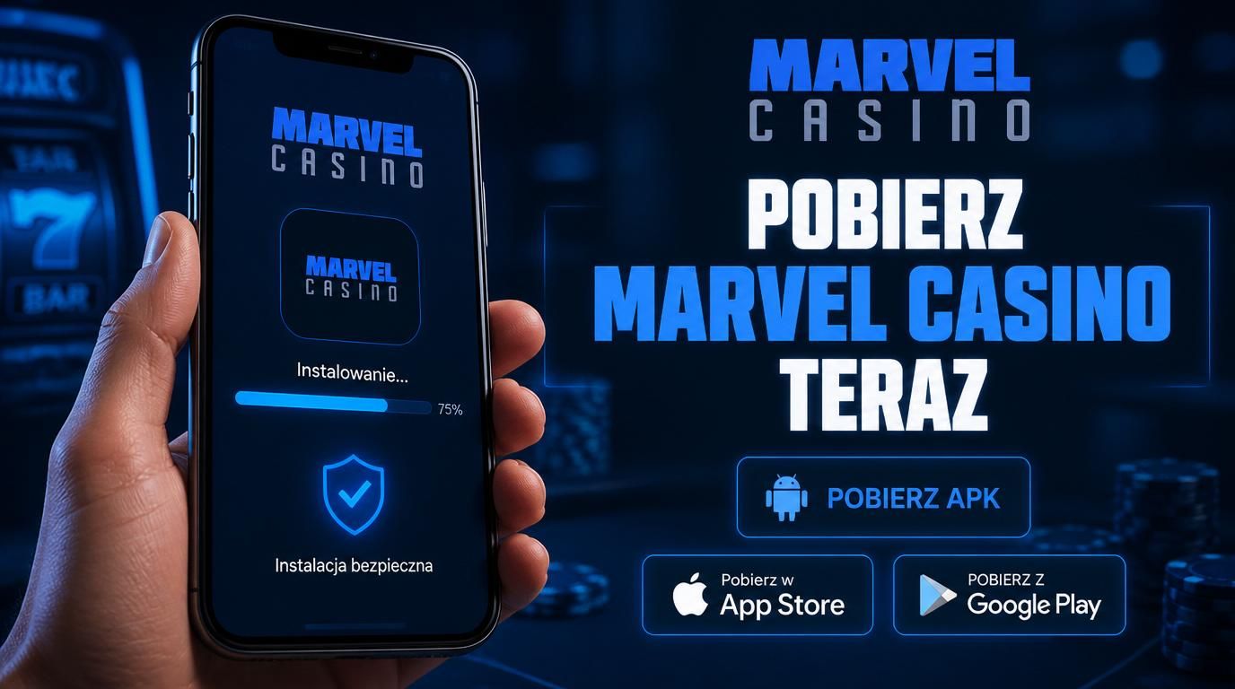 Telefon pokazujący pobieranie aplikacji Marvel Casino na Androida/iOS.