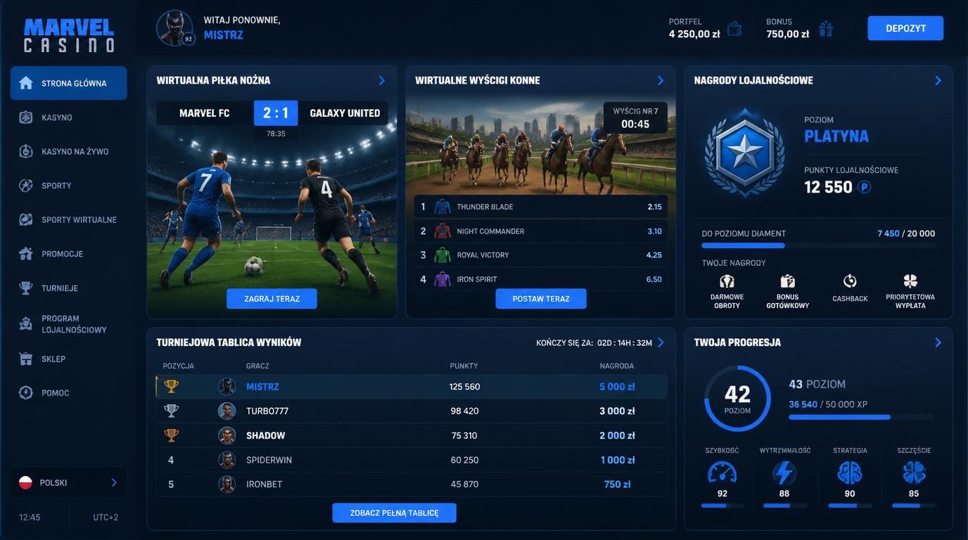 Interfejs kasyna z virtual sports, wyścigi i piłka nożna, punkty lojalnościowe, turniejowa oprawa