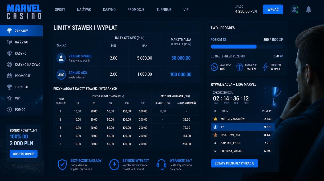 Tabela z limitami, typy zakładów, kwoty w PLN, progres zawodnika