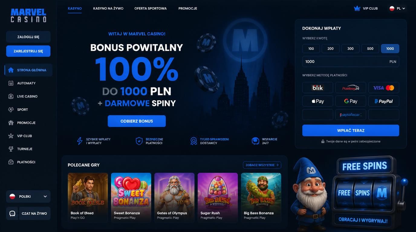Interfejs prezentujący bonus powitalny/mocny start w Marvel Casino.