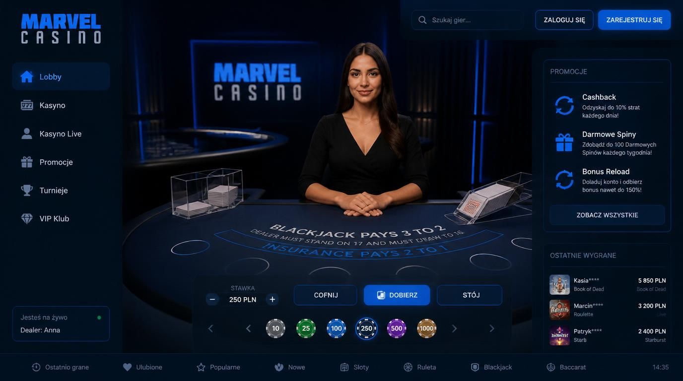 Dealer przy stole live, oferta bonusów w tle.