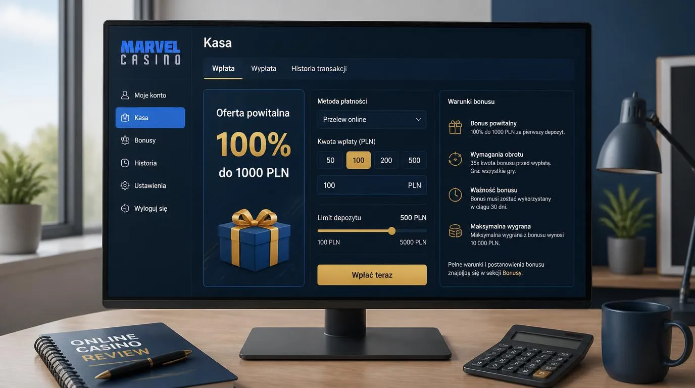 Panel kasyna z ofertą powitalną, warunkami bonusu i ustawieniem limitu wpłaty