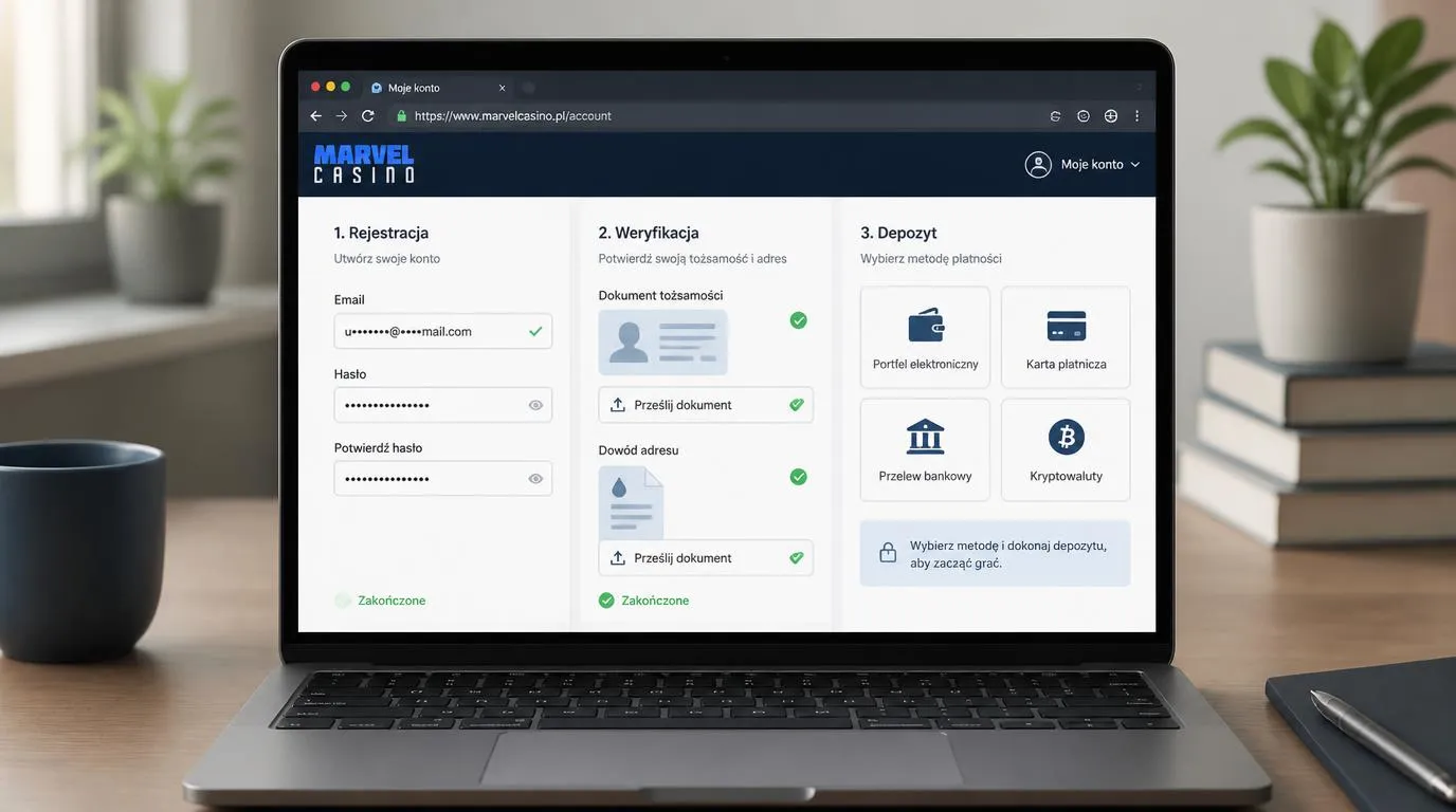 Laptop z formularzem rejestracji, panelem weryfikacji dokumentów i wyborem metody wpłaty