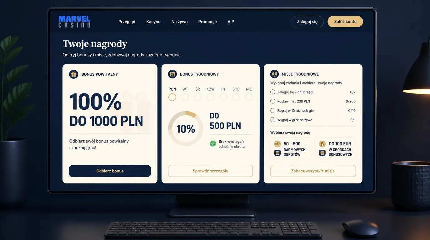 Panel nagród kasynowych z bonusem powitalnym, tygodniowym cashbackiem i kartą misji
